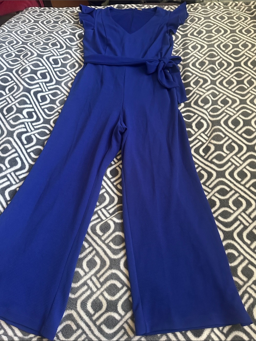 Tahari Royal Blue Ruffle-Sleeve Wide Leg Jumpsuit with Tie Belt Size 10